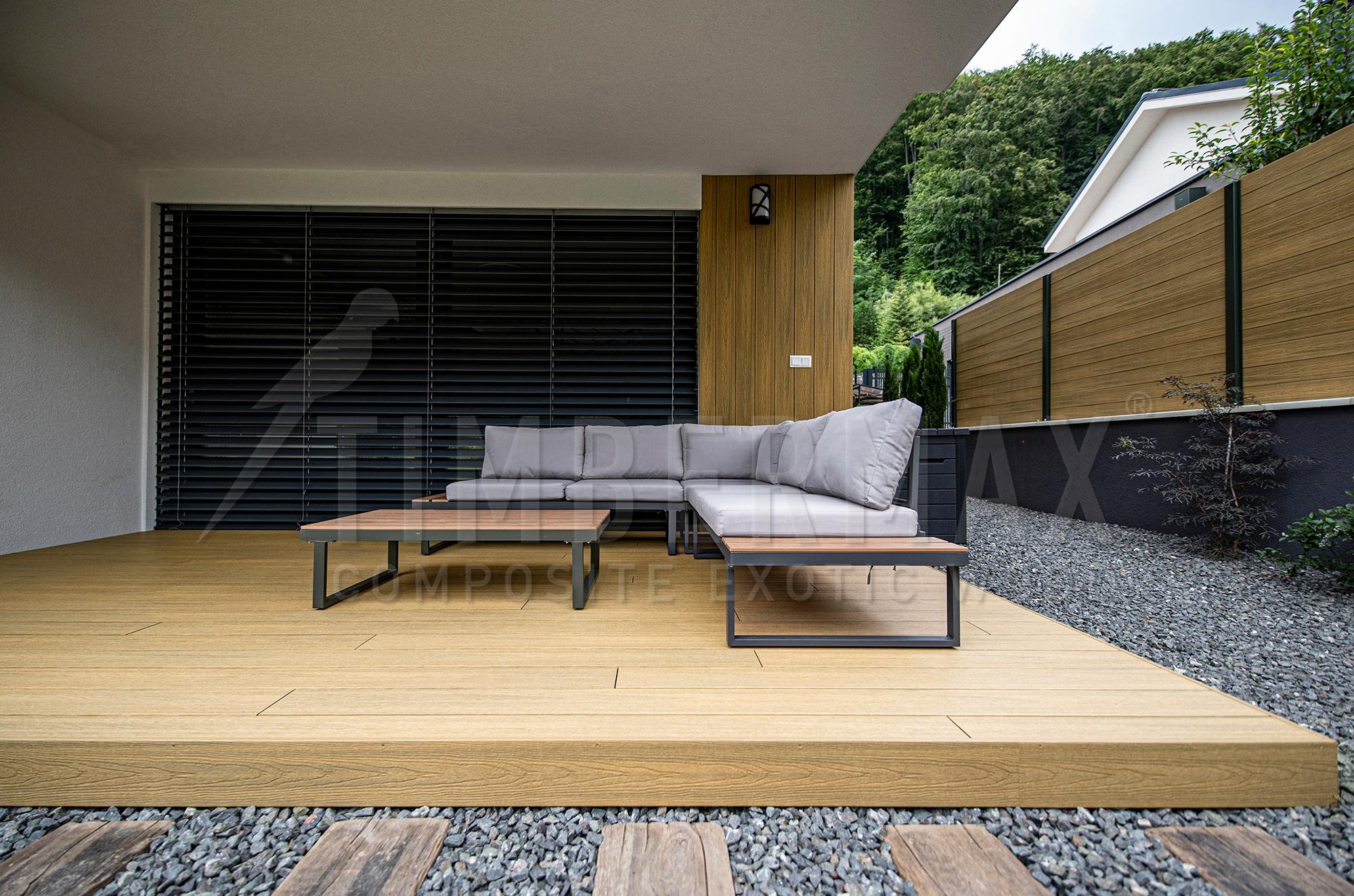 modern terrace with wpc terrace boards and outdoor seating