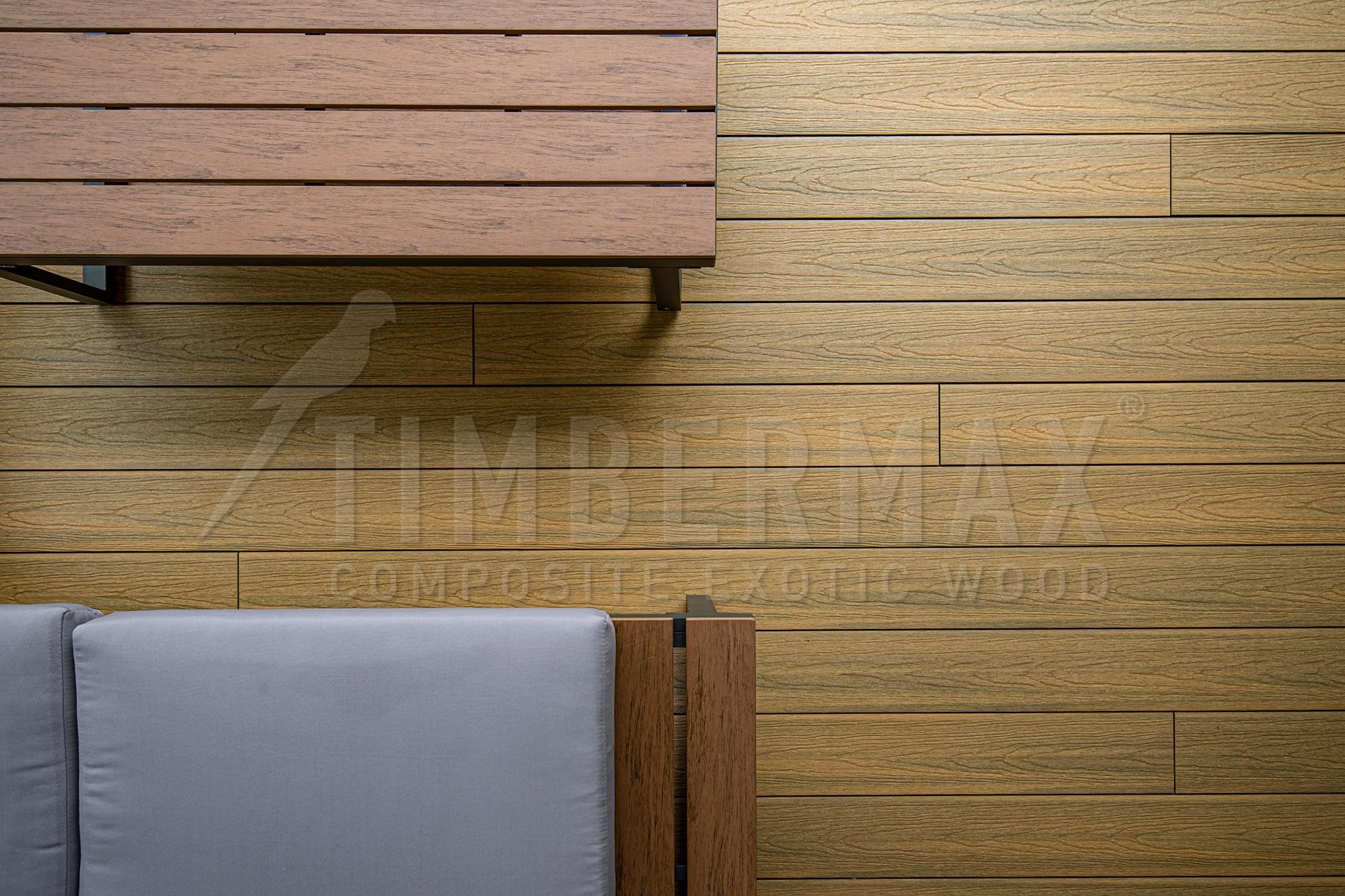 detail of the facade cladding, wood-look from composite panels for the facade