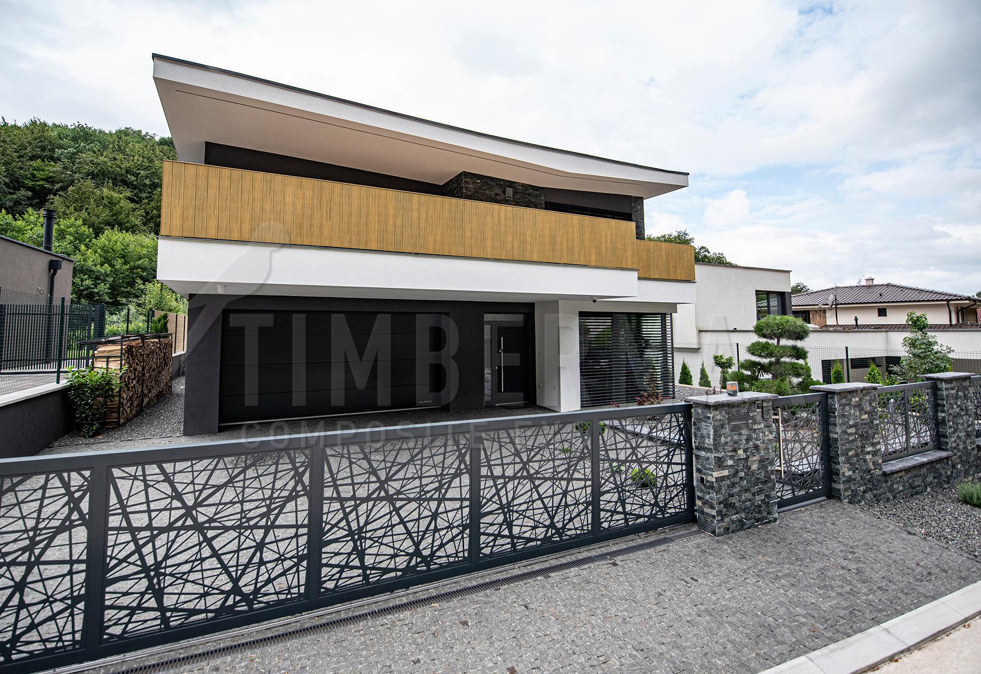 overhanging facade with composite facade cladding imitating wood
