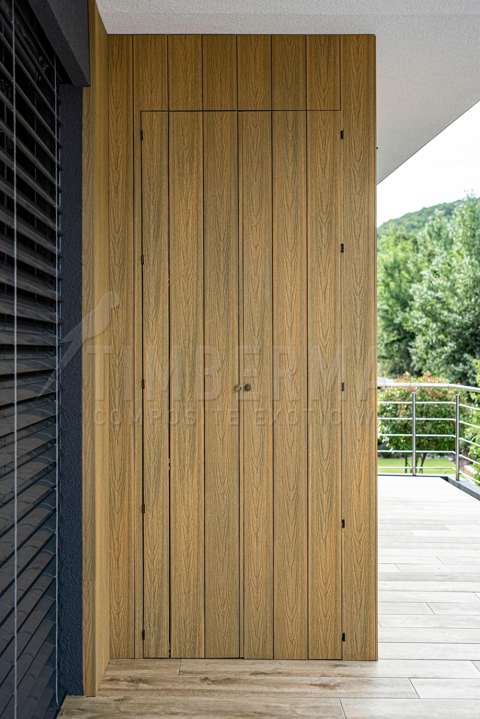 detail of composite panels for the facade with imitation wood facade cladding