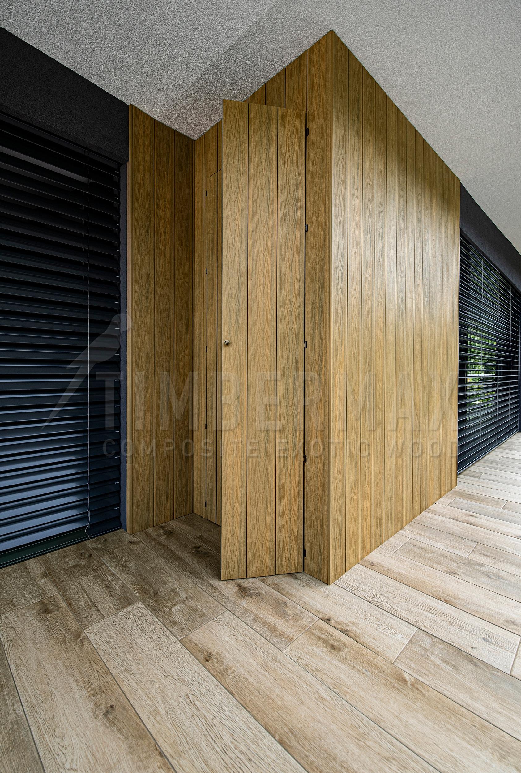 detail of the ventilated facade with composite facade cladding, wood-look