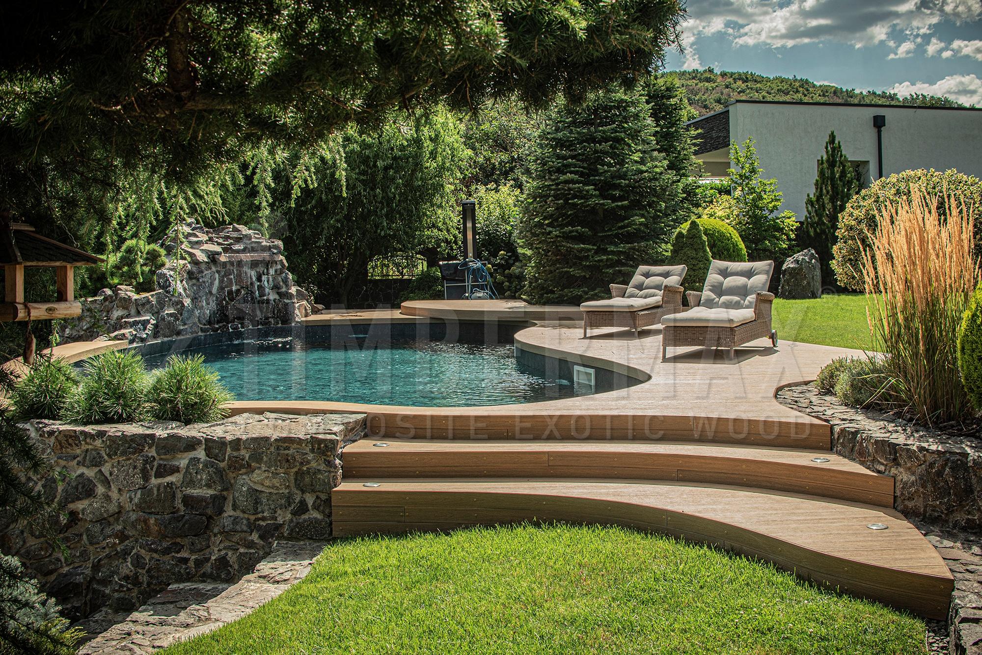 terrace boards made of composite as a pool floor in a modern garden