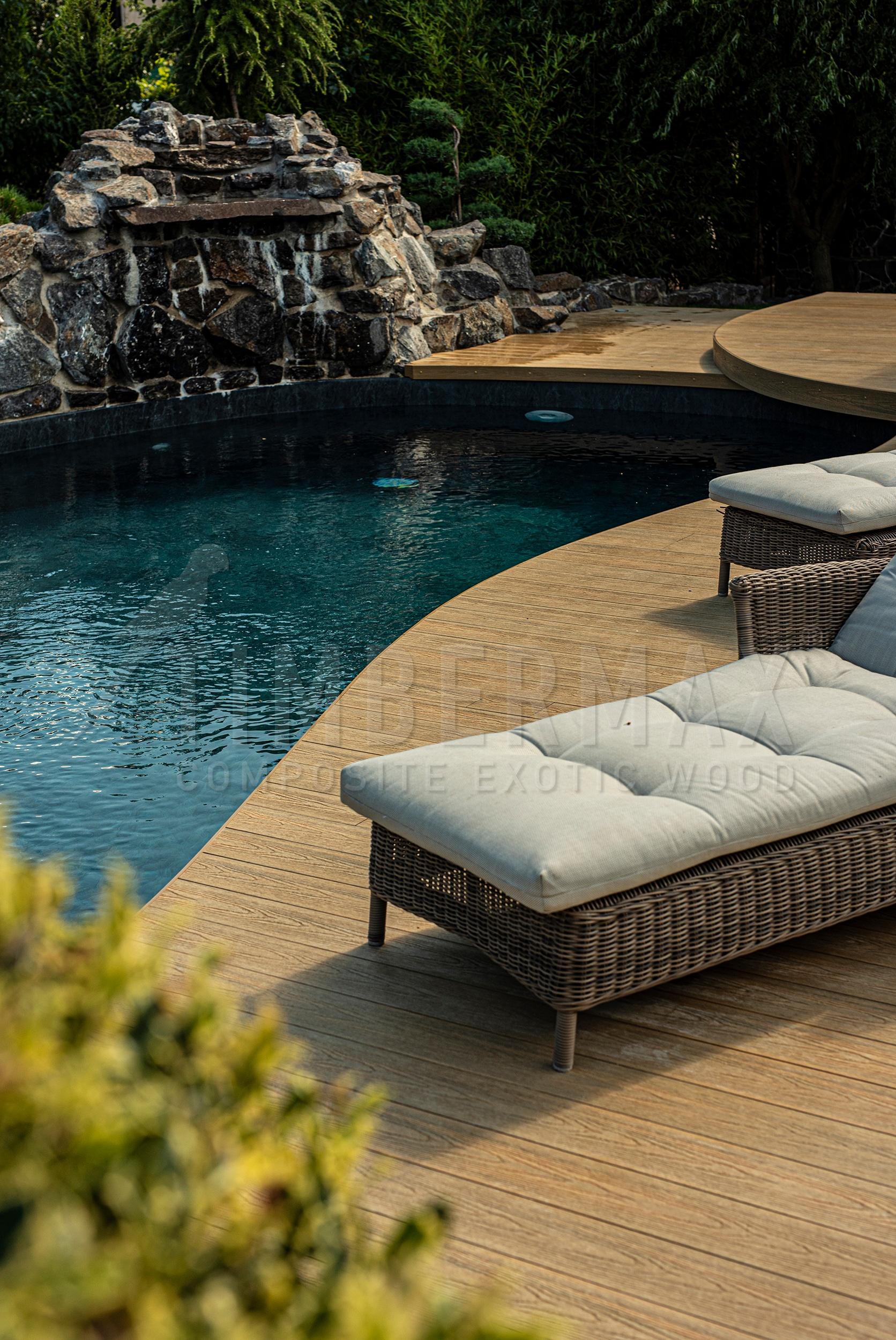 wpc floor for the terrace and terrace boards by the pool with outdoor seating