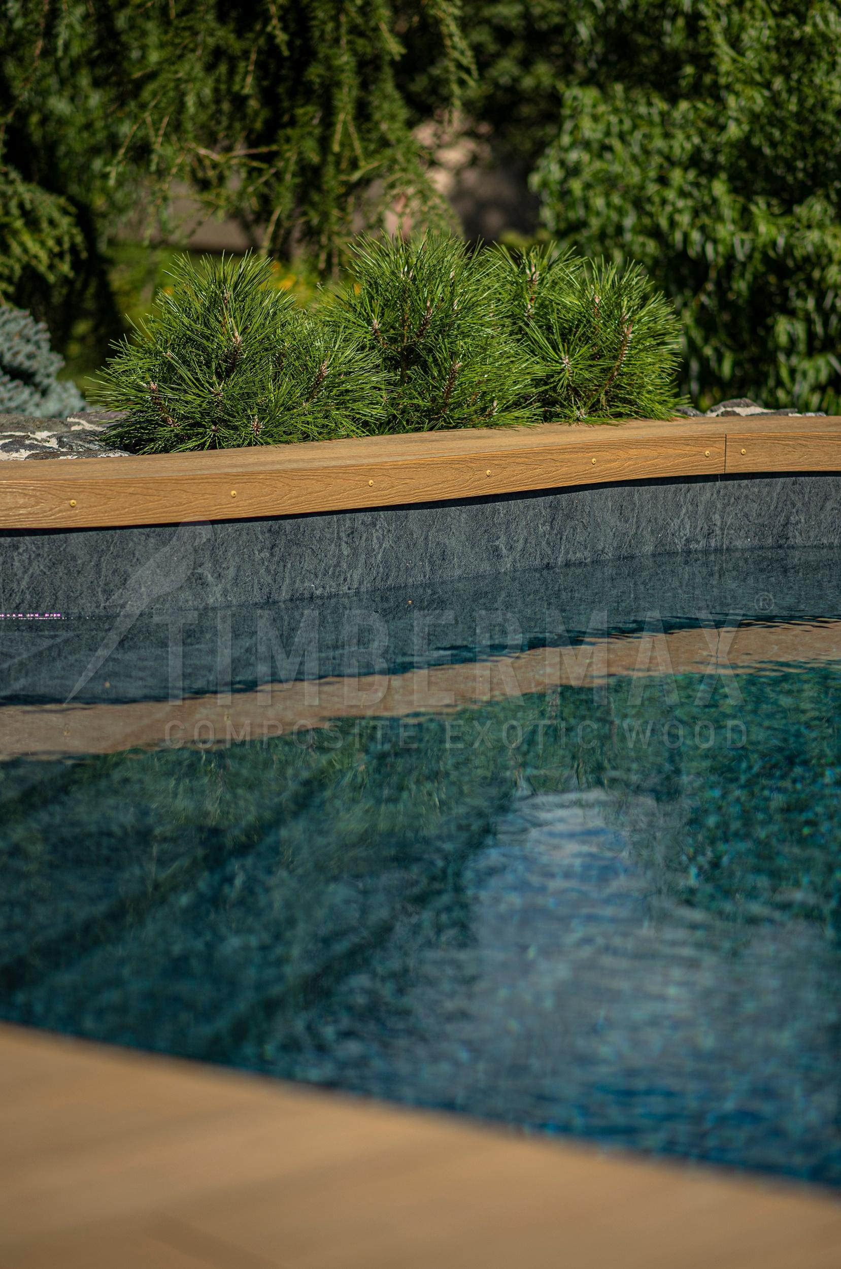 detail of wpc terrace flooring and composite decking boards by the pool