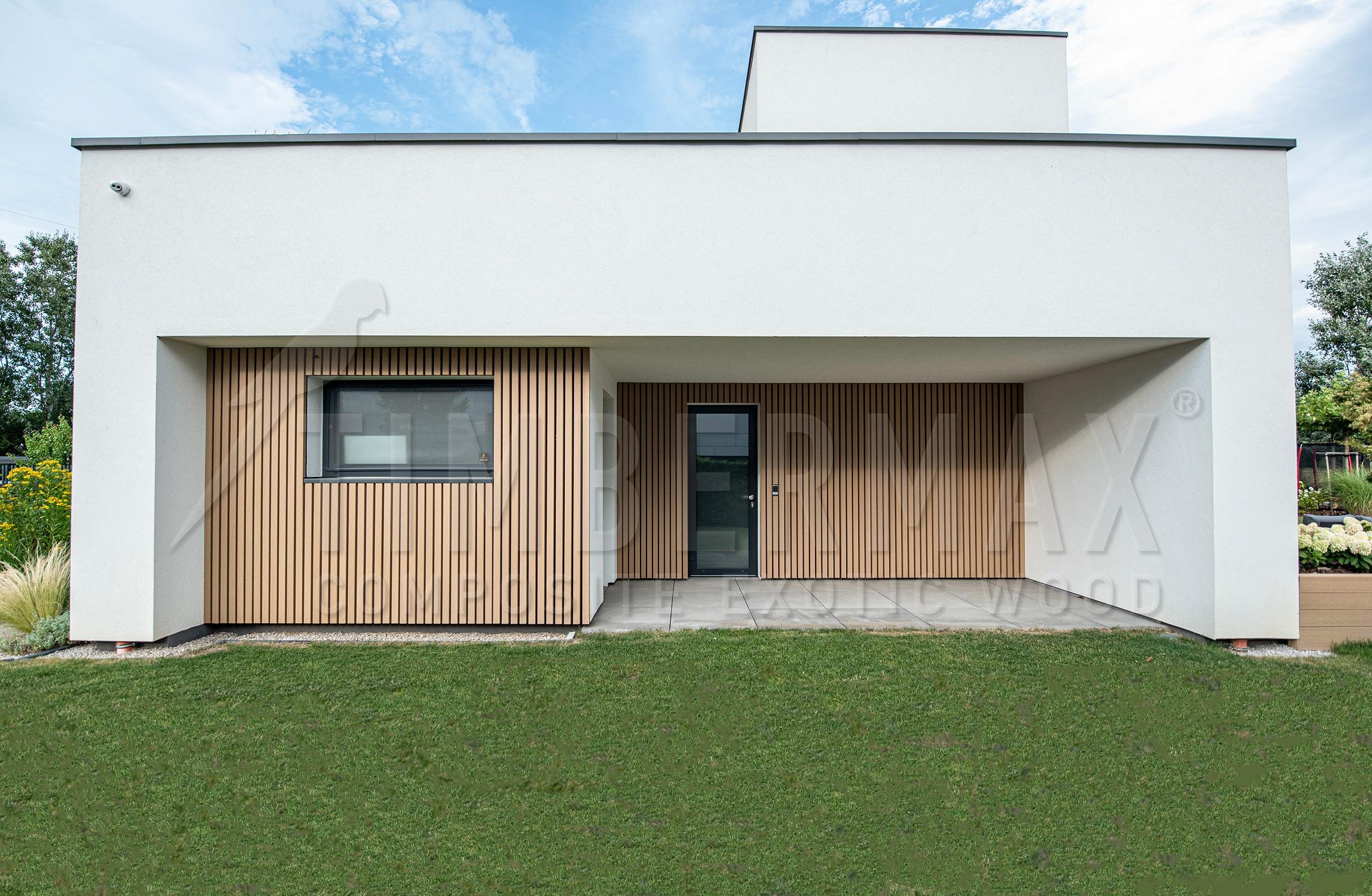 minimalist architecture of a house with a slatted facade