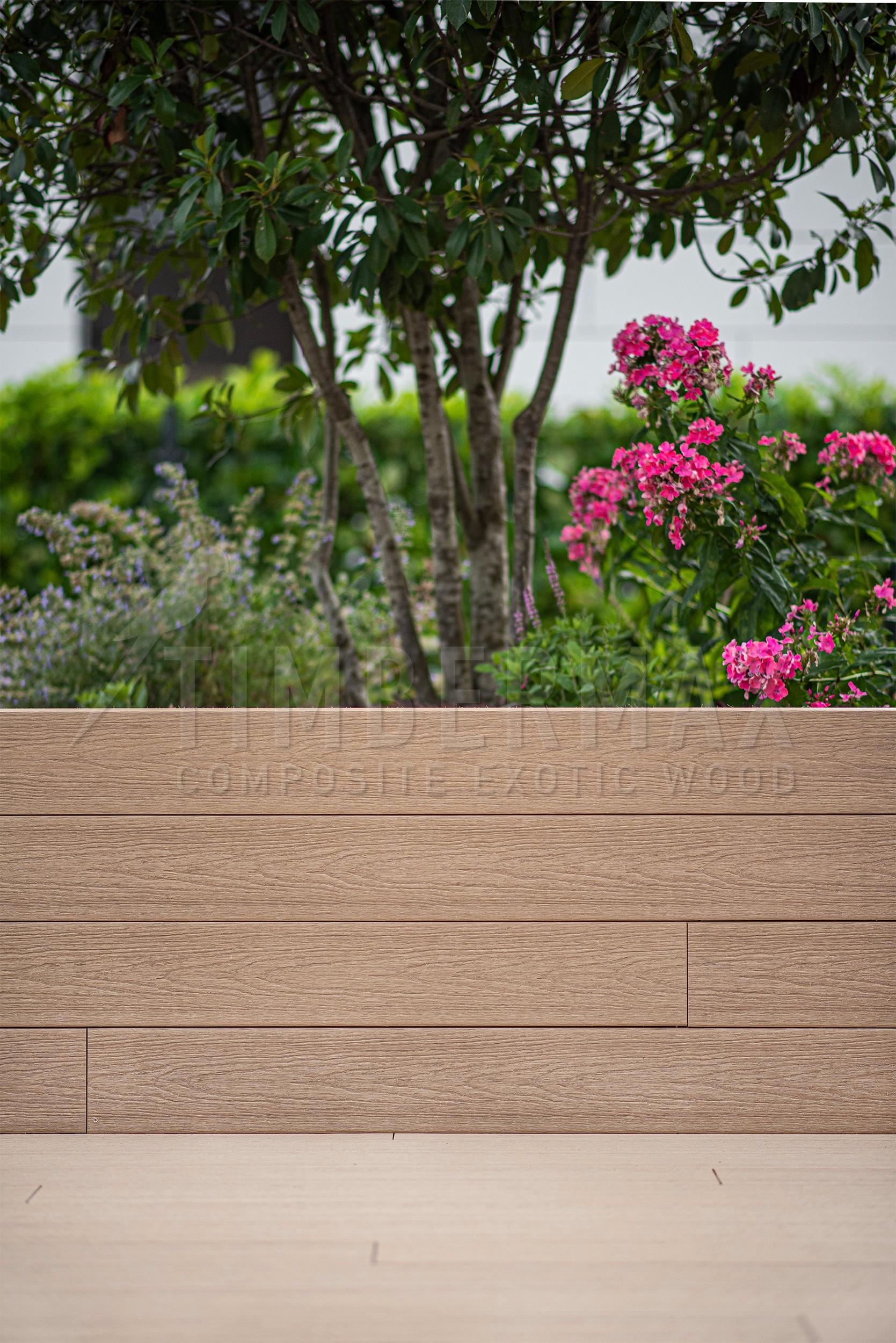 detail of composite decking boards used for a raised bed
