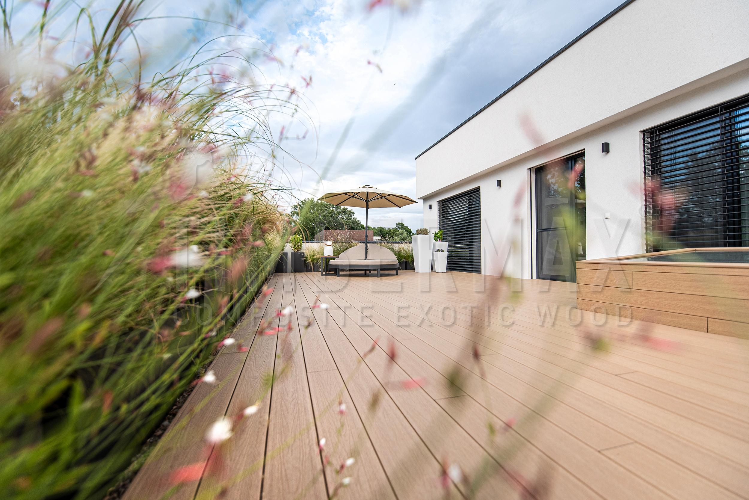 detail of the composite floor for the terrace with planting in the beds