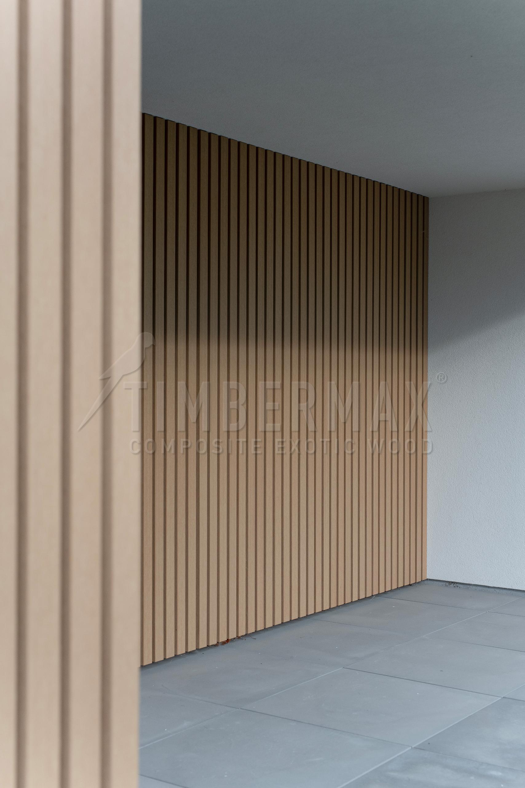 detail of light lamella facade cladding with wood-look