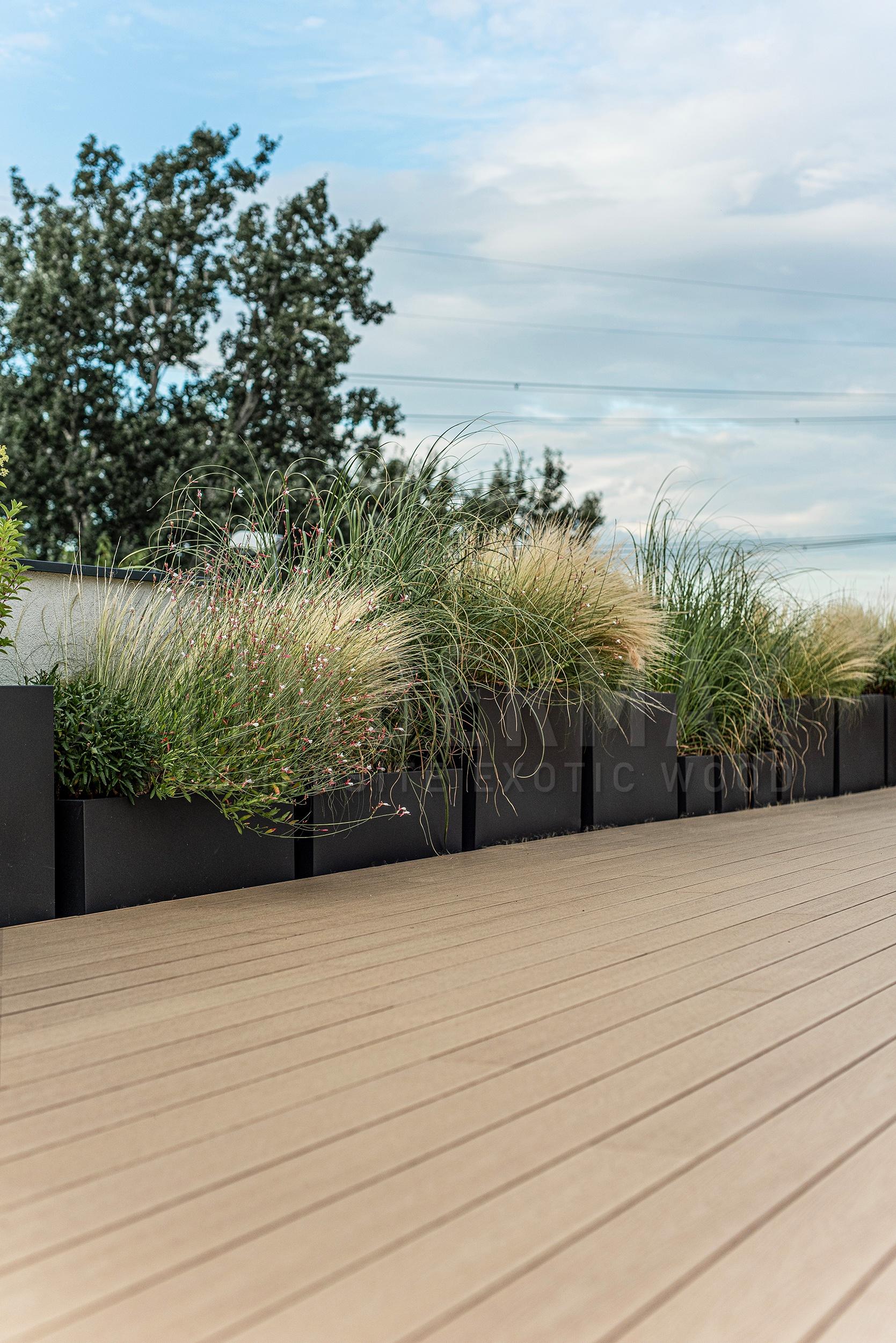 wpc floor for terrace with ornamental grasses in garden pots