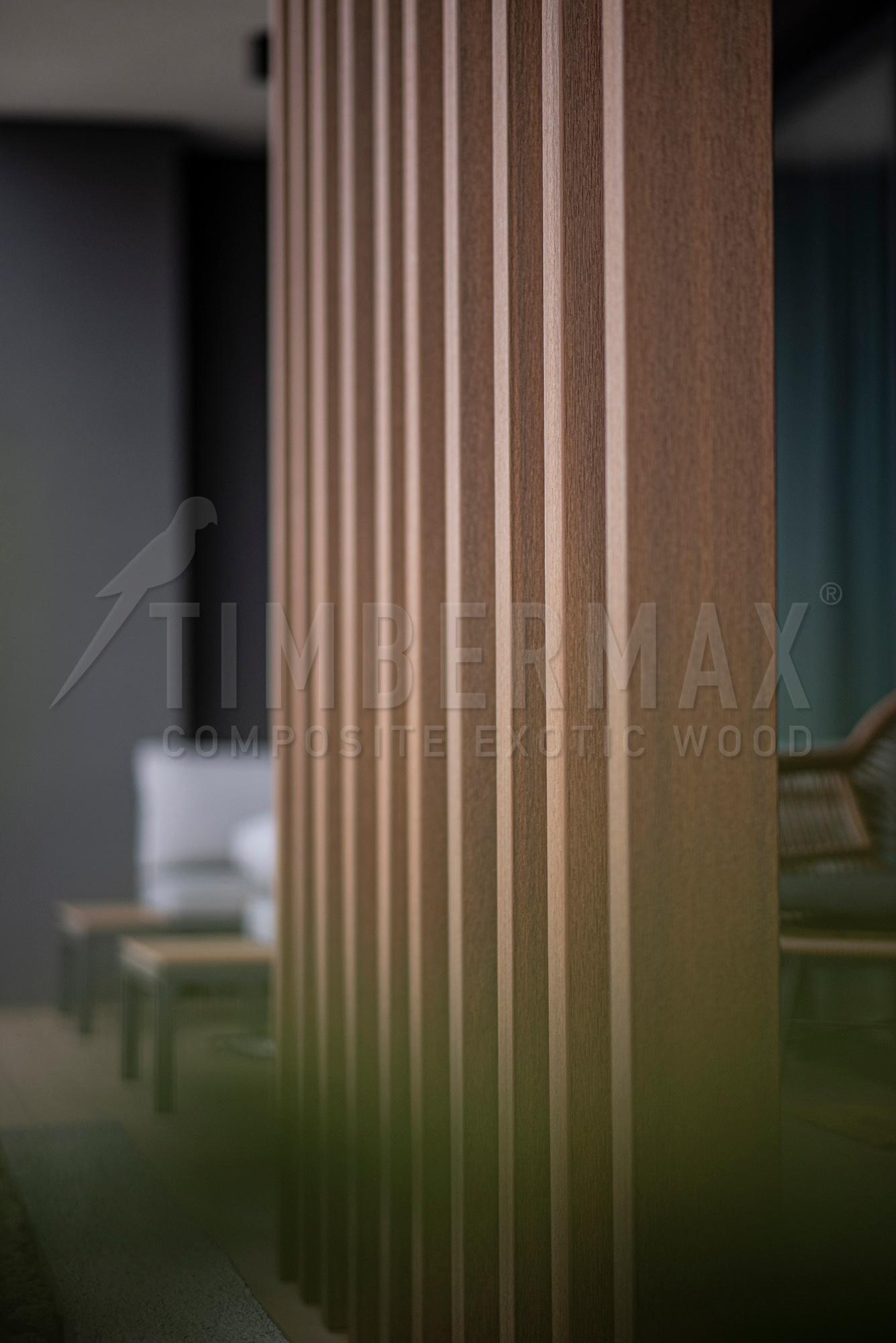 detail of the composite slats of solar shading on the facade cladding