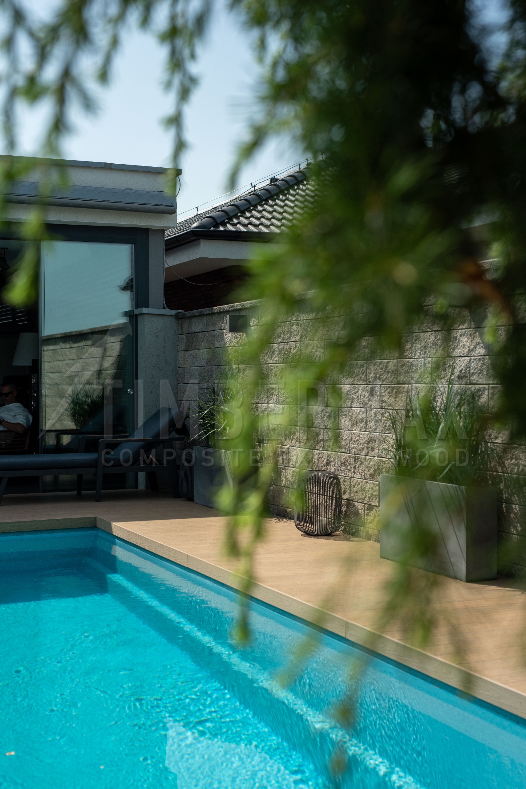 Detail of composite decking beside a pool